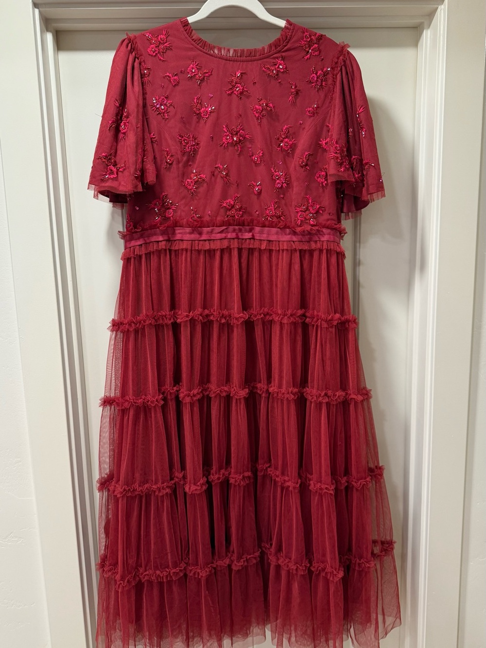 Ivy City Co Red Tiered Tulle Midi Dress